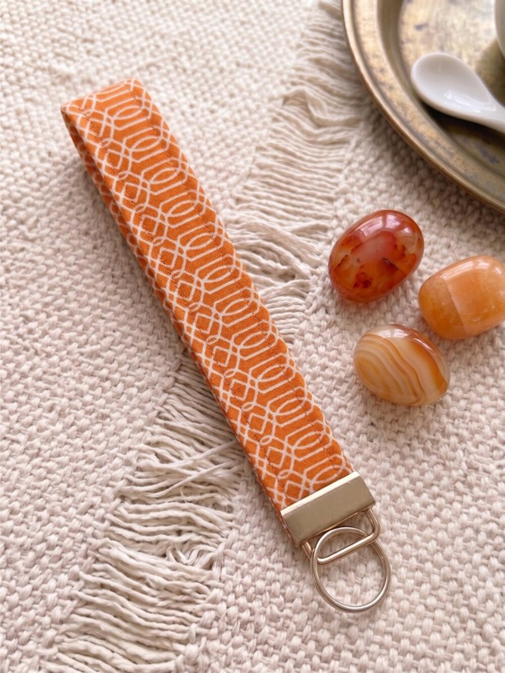 New Handmade Tangerine Orange White Lattice Geometric Fabric Key Fob Wristlet